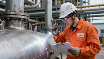 Engineer performs visual Inspection on weld joint of a large industrial pipe.