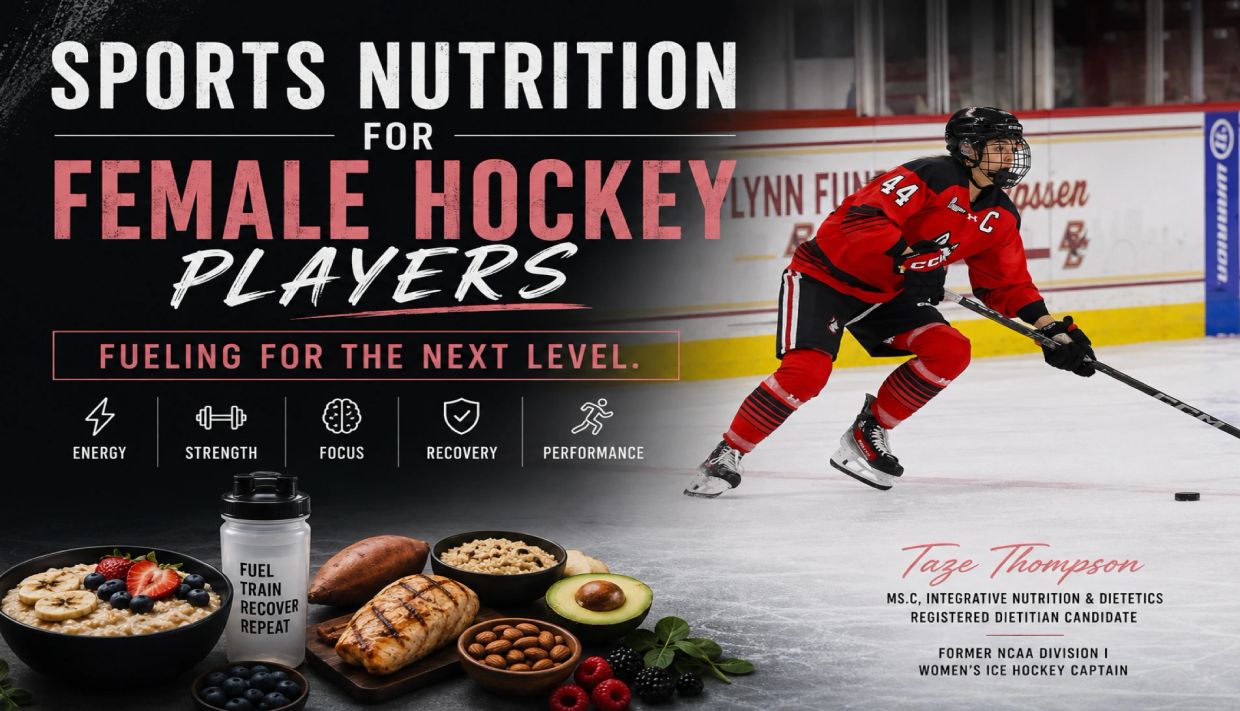 Sports nutrition for female hockey players with healthy foods and athlete.