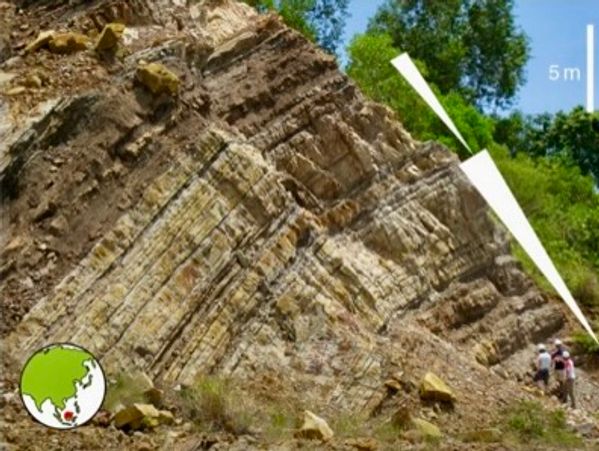 Rock formation with geological layers and people for scale.