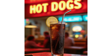 A cold soda with a lemon slice and metal straw in front of a hot dog sign.