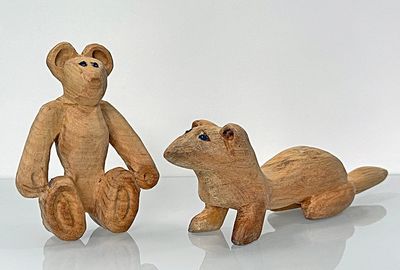Mary's teddy bear and George's Stoat - both from lime wood.