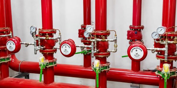 Red sprinkler alarm system with gauges and valves mounted on pipes.