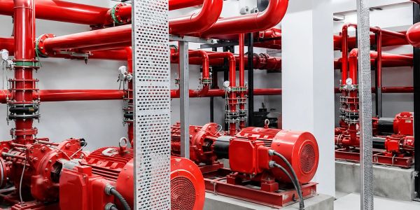 Industrial red pipes and motors in a clean mechanical room.