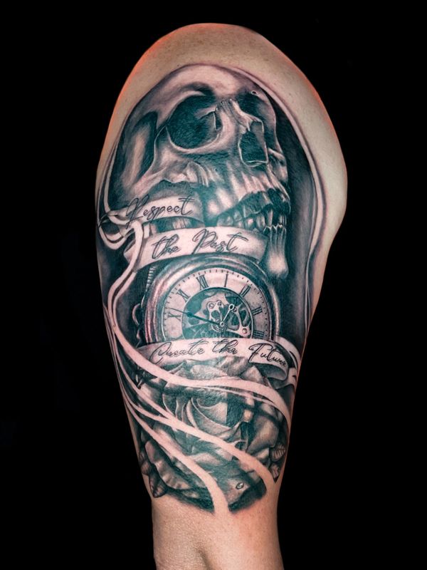 Custom skull, clock and rose Tattoo done by Jay Inksane Grobler 