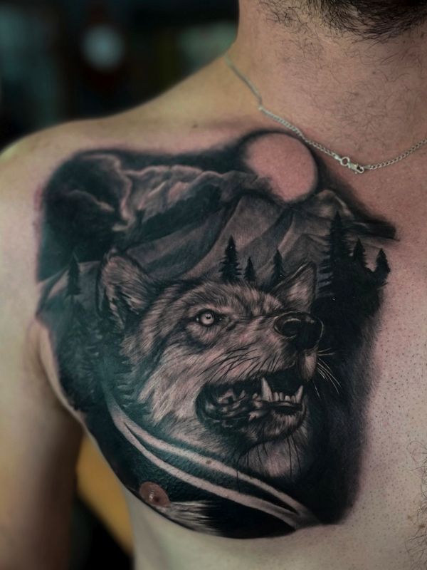 Custom wolf chest Tattoo done by Jay Inksane Grobler 
