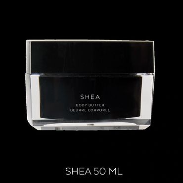 Elegant black container of Shea Body Butter with 50 ml label.