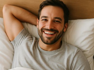 Smiling man relaxing in bed with white bedding and a gray t-shirt.