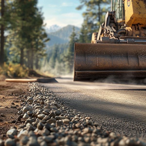 Gravel road in process of being built with heavy machinery.