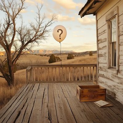 Question mark balloon tied to the balcony rail of a rustic homestead in a rural setting, for FAQ.