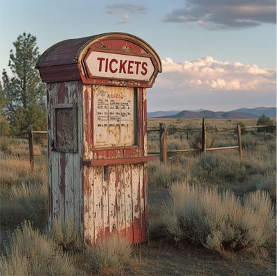 Old, weathered, vintage ticket booth in a field, for pre-register.