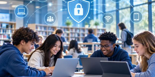 Students working on laptops with cybersecurity icons above.