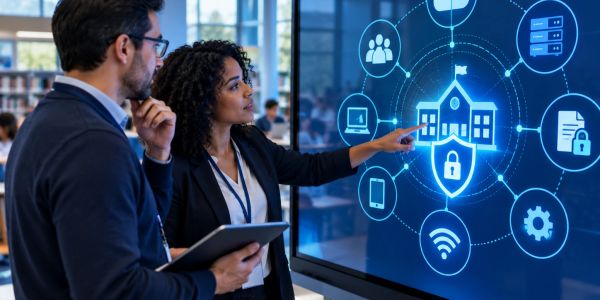 Two professionals discussing cybersecurity on a digital screen.