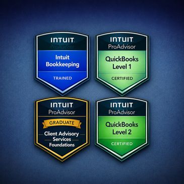 Four Intuit ProAdvisor certification badges for bookkeeping and QuickBooks levels.