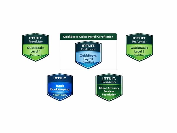 Five QuickBooks and Intuit certification badges for various skills.