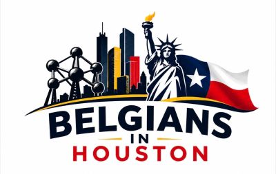 Logo showing Belgians in Houston with landmarks and flags.