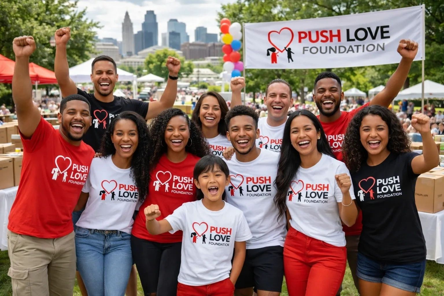 Happy diverse group celebrating at Push Love Foundation event outdoors.