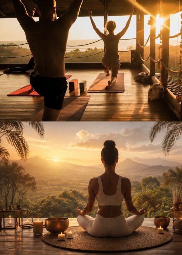 People practicing yoga and meditation during sunrise in a scenic outdoor setting.