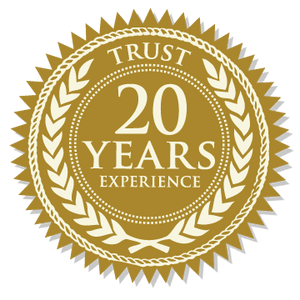 GOLD SEAL with text caption in white lettering appearing inside the seal: TRUST 20 YEARS EXPERIENCE