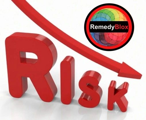 RISK spelled out in red letters with a downward arrow from left to right. RemedyBlox logo top right 