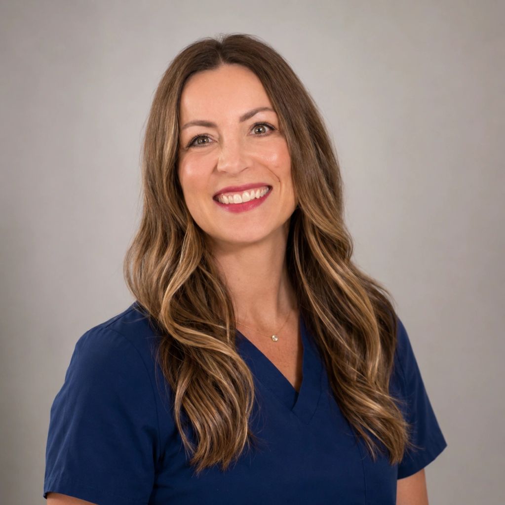 Smiling woman in blue scrubs with long wavy hair.