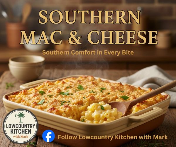 Golden-brown Southern Baked Macaroni and Cheese in a ceramic dish with fresh herbs