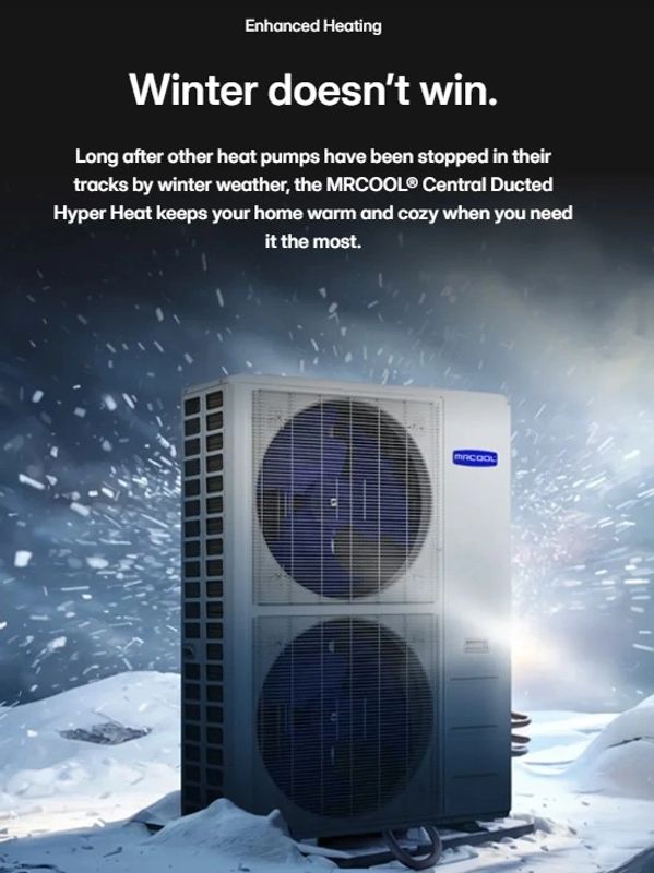 MRCOOL heat pump condenser, HyperHeat central ducted HVAC unit providing reliable winter heating.