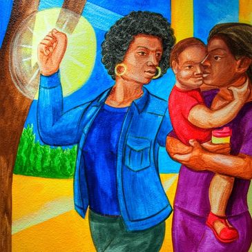 IBEW Mural-A woman raises a fist in solidarity, another holds a child to show  trade union security.