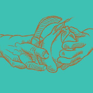 In this line drawing, harvesting hands hold eggplant, squash, and knife, offering the farm harvest.