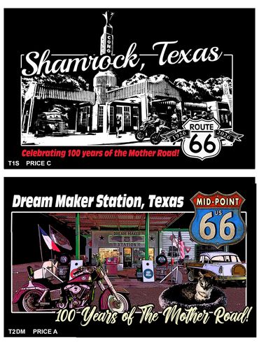 Two Route 66 shirts celebrating 100 years of the Mother Road with Vintage Shamrock Conoco Service St