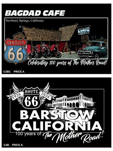 The full color Newberry Springs, Bagdad Cafe shirt and The Route 66 Museum shirt in Barstow, CA