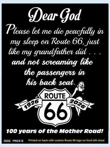 Dear God Route 66 Prayer Shirt with text and logo
