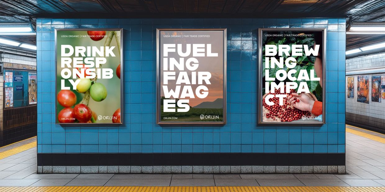 Three posters in a subway promoting organic, fair trade principles by Orijin.