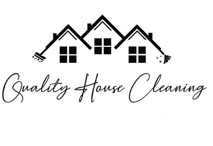 Logo for Quality House Cleaning featuring house roofs and cleaning tools.