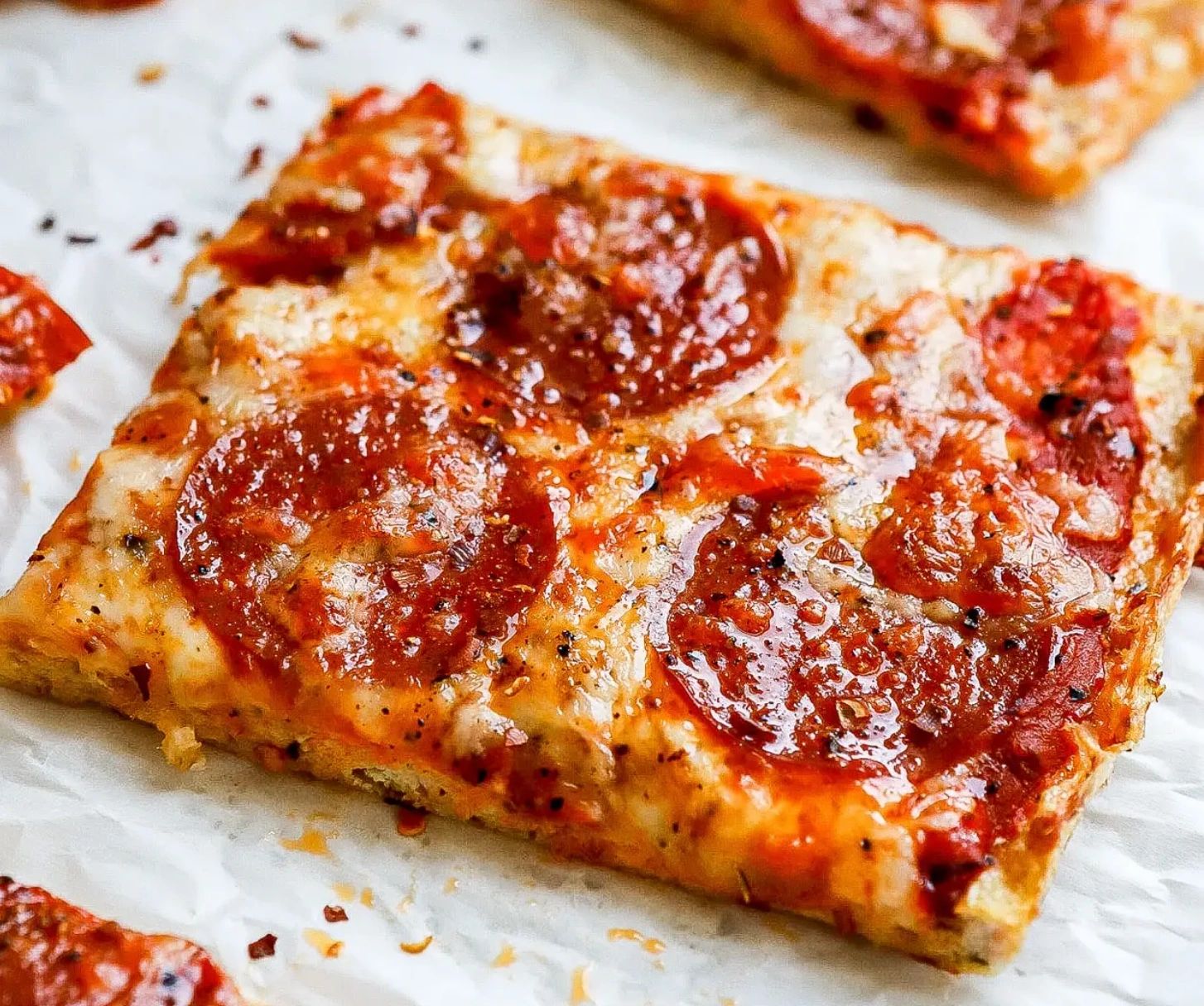 Square pepperoni pizza slice with melted cheese.