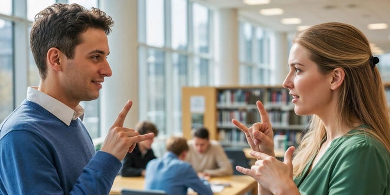 A man and a woman communicate using sign language indoors.