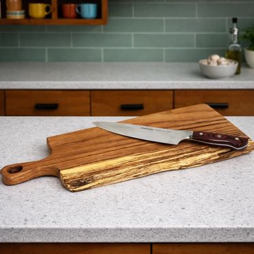 A wooden board with knife kept on top.