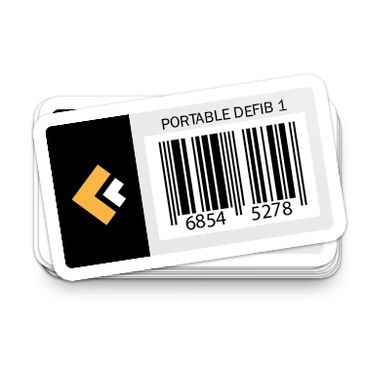 asset tags that show crew clinical logo and generic barcode