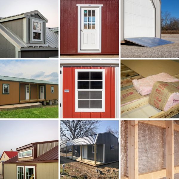 collage of building options for portable storage sheds and buildings