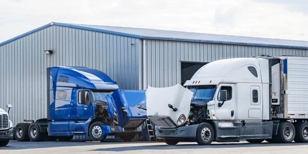 Two trucks with open hoods parked outside a warehouse.
