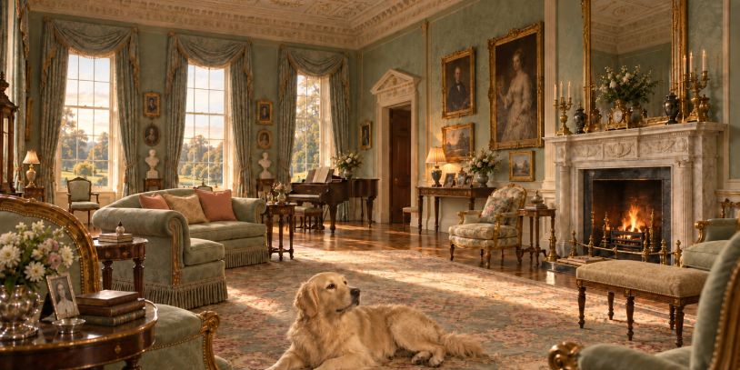 Golden Retriever resting in an elegant English country house drawing room at the Manor.