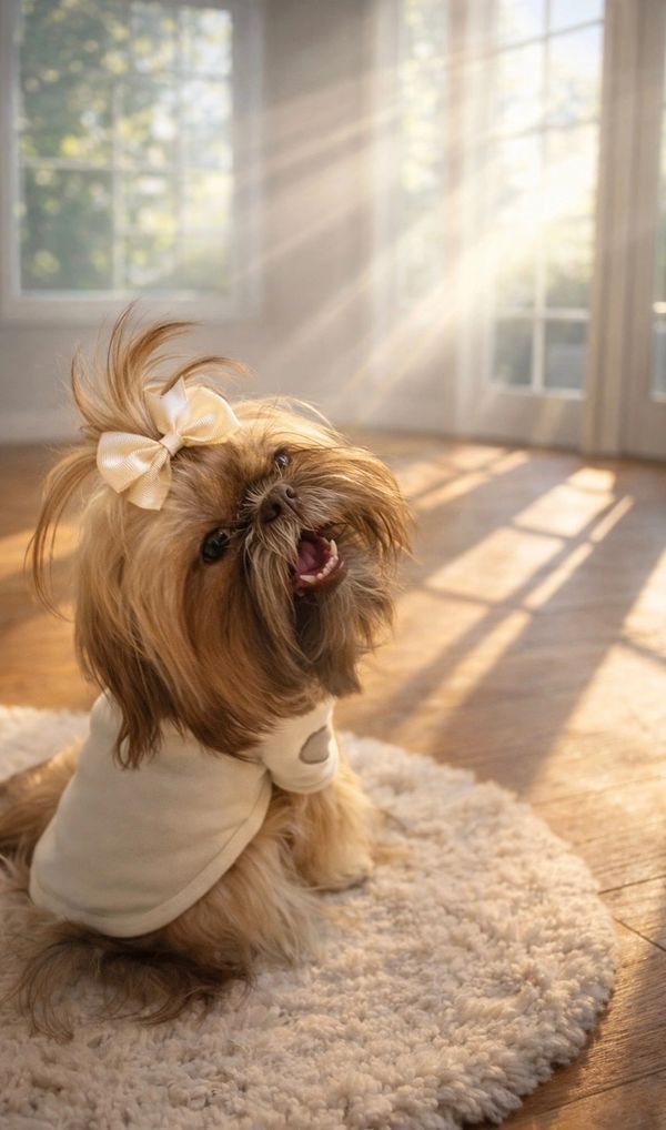 Small dog with a bow and sweater sitting on a rug in sunlight.
