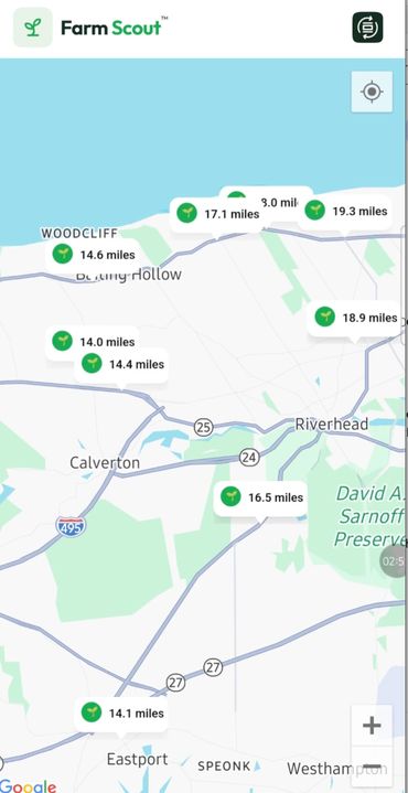 Map showing nearby farms and farm stands with driving distances.