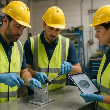 Workers inspecting equipment wearing safety gear.