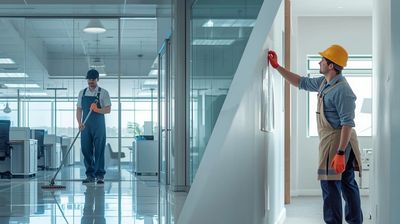 Left side: A janitor in uniform actively cleaning a modern office space.
Right side: A renovation w
