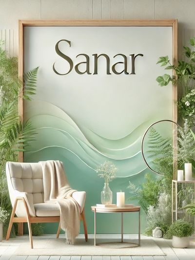 Cozy, green-themed relaxation corner with 'Sanar' sign.