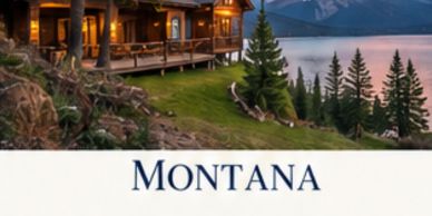Cozy cabin in Montana by a lake and pine trees.