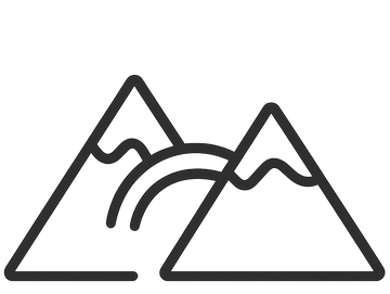 Outline of two mountains with a rainbow between them.
