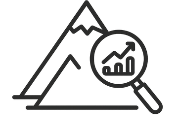 Outline of mountains with a magnifying glass showing a rising graph.