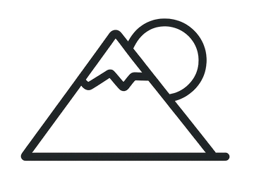 Simple line icon of mountains with the sun.