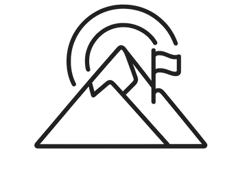 Outline of mountains with a flag and a rising sun.